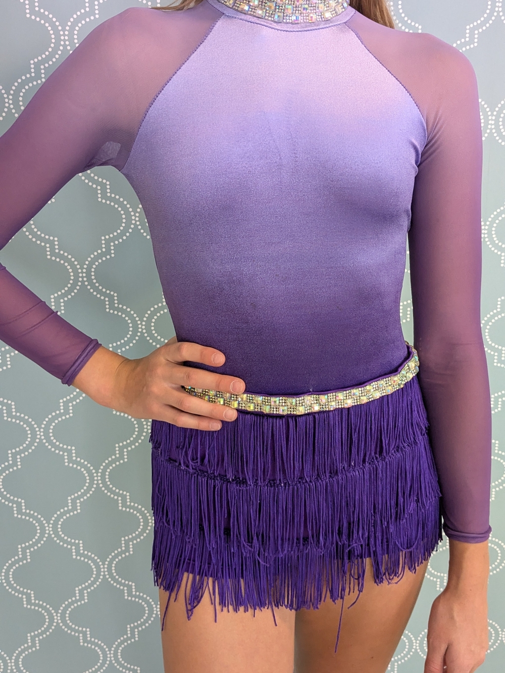 Weissman Purple Ombre Fringe Dance Dress with Rhinestone Trim